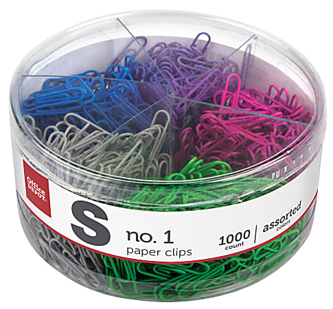 Office Depot® Brand Paper Clips, No. 1, 1-1/4", 10-Sheet Capacity, Assorted Colors, Tub Of 1,000 Clips
