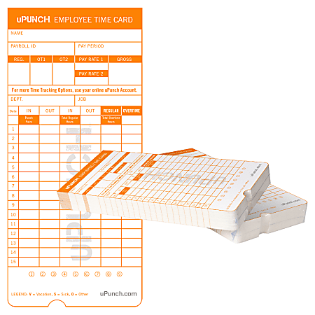 uPunch HNTC2100 Time Cards, 4-Column, Double-Sided, 7.5" x 3.5", Orange/White, Pack Of 100
