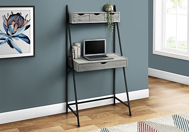 Monarch Specialties Junior Computer Desk, Ladder Style With 2-Tiers/4 Drawers, Gray/Black