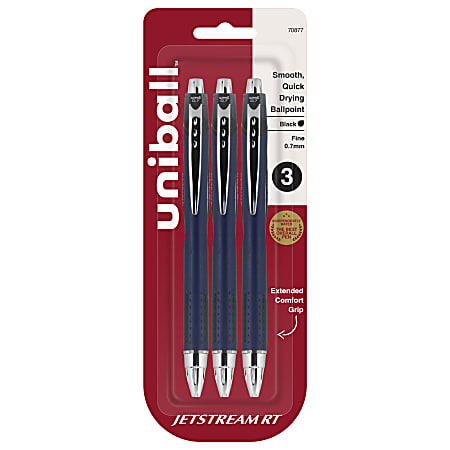 uni-ball® JetStream™ RT Retractable Ballpoint Pens, Fine Point, 0.7 mm, Blue Barrel, Black Ink, Pack Of 3