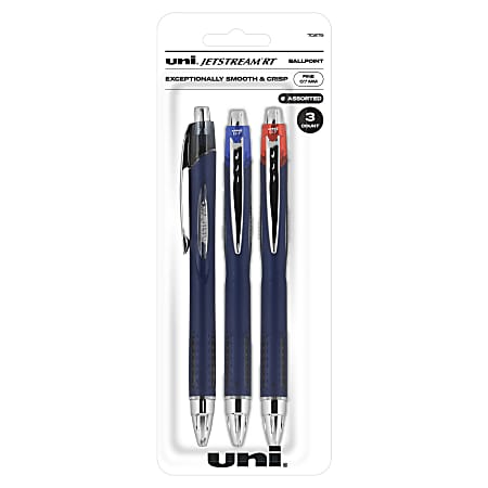 uni-ball® Jetstream™ RT Retractable Ballpoint Pens, Fine Point, 0.7 mm, Blue Barrels, Assorted Ink Colors, Pack Of 3