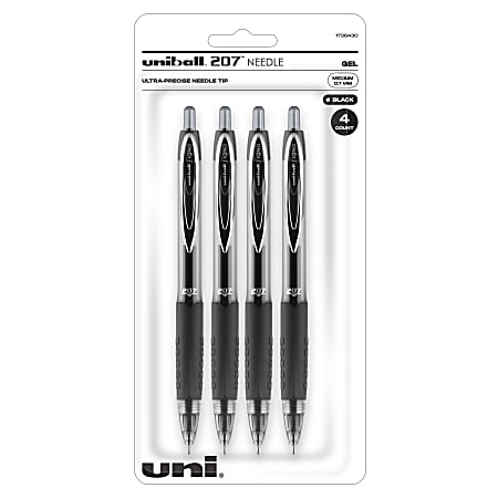 uni-ball® Signo Gel 207™ Retractable Gel Pens, Medium Point, 0.7 mm, Clear Barrels, Black Ink, Pack Of 4