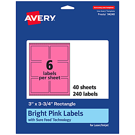 Avery® Print-To-The-Edge Labels With Sure Feed® Technology And Easy Peel®, 94248-BPP40, Rectangle, 3" x 3-3/4", Matte Bright Pink, Pack of 240