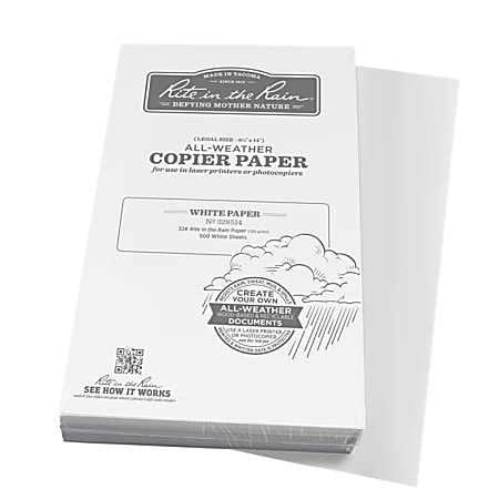 Rite in the Rain® All-Weather Multi-Use Printer & Copy Paper, White, Legal (8.5" x 14"), 500 Sheets Per Ream, 20 Lb, 84 Brightness