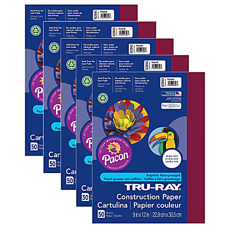 Pacon® Tru-Ray Construction Paper, 9" x 12", Burgundy, 50 Sheets Per Pack, Set Of 5 Packs