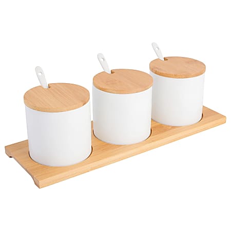 Gibson Elite Gracious Dining 10-Piece Fine Ceramic Condiment Jars With Bamboo Lids And Spoons, White