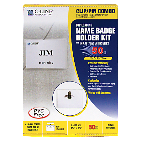 C-Line Sealed Clip/Pin Style Badge Holder Kit, Top Loading, 2 1/4" x 3 1/2"