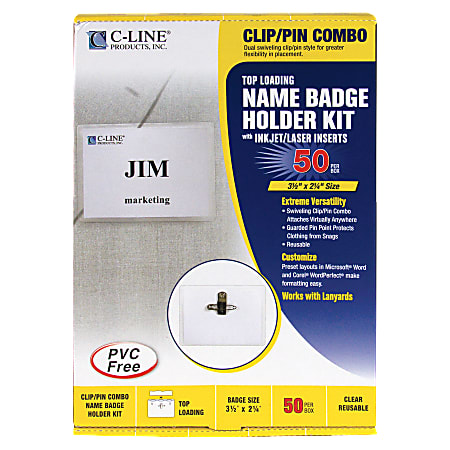 C-Line Sealed Clip/Pin Style Badge Holder Kit, Top Loading, 2 1/4" x 3 1/2"