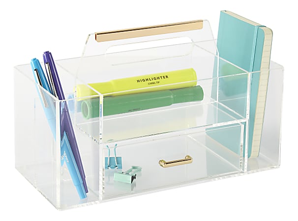 Realspace® Vayla Acrylic Desktop Caddy With Handle, 6”H x 9-7/8”W x 4-3/4”D, Clear/Gold