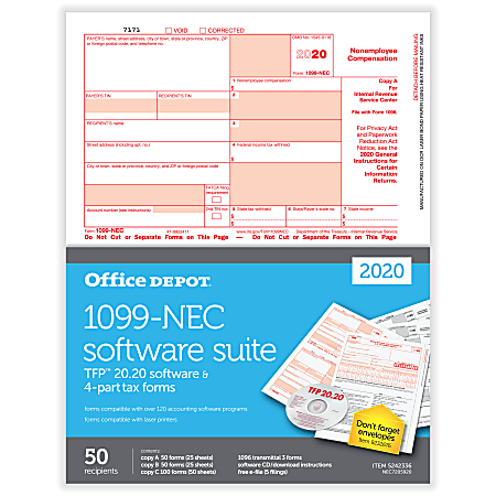 Office Depot® Brand 1099-NEC Laser Tax Forms With Software, 2-Up, 4-Part, 8-1/2" x 11", Pack Of 50 Form