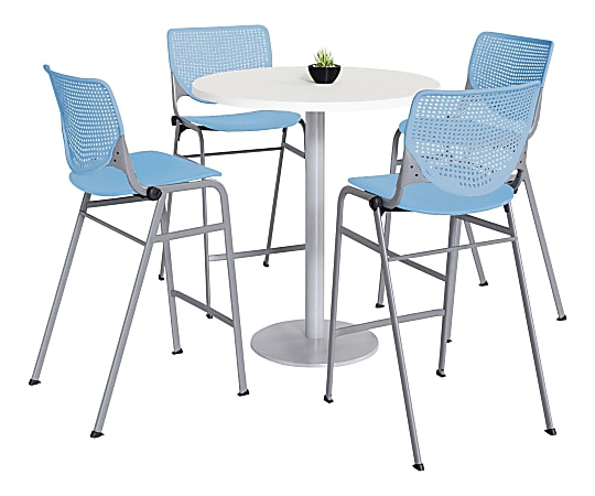 KFI Studios KOOL Round Pedestal Table With 4 Stacking Chairs, 41"H x 36"D, Designer White/Sky Blue