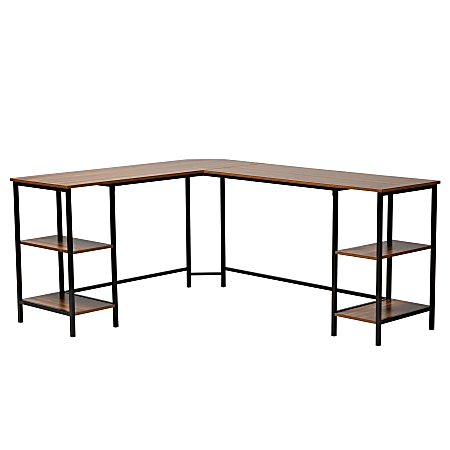 Baxton Studio Lydia 67"W Modern L-Shaped Corner Desk With Shelves, Walnut Brown/Black
