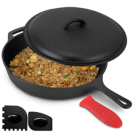MegaChef Pre-Seasoned Cast Iron Skillet With Cast Iron Lid, 12", Black