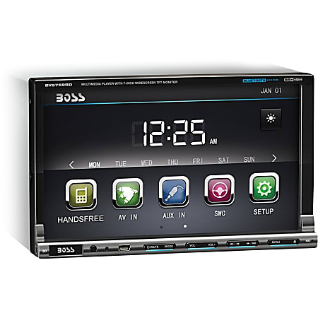 Boss Audio BV9759BD Double-DIN 7 inch Motorized Touchscreen DVD Player Receiver, Bluetooth, Detachable Front Panel, Wireless Remote - 4 Channels - DVD+RW, DVD-RW, CD-RW - DVD Video, VCD, MP4 - CD-DA, MP3, WMA - AM, FM - SD - Bluetooth - USB