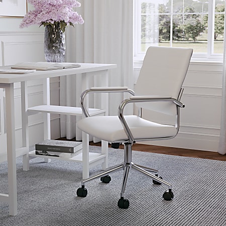 Martha Stewart Piper Faux Leather Upholstered Mid-Back Executive Office Chair, White/Polished Nickel