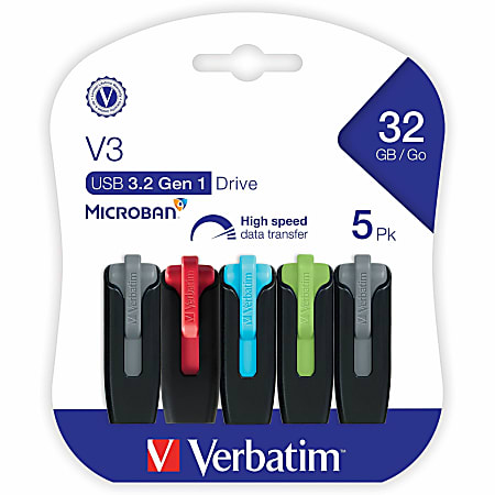 32GB Store 'n' Go® V3 USB 3.2 Gen 1 Flash Drive - 5pk - Assorted - 32GB - 5pk - Assorted