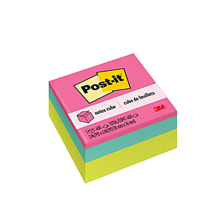Post-it® Notes Cube, 3 in. x 3 in., Bright Colors, Power Pink, Aqua Splash, Acid Lime, 400 Sheets/Cube, 1 Cube/Pack