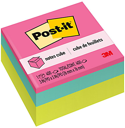 Post-it Notes Cube, 3 in. x 3 in., Bright Colors, Power Pink, Aqua Splash, Acid Lime, 400 Sheets/Cube, 1 Cube/Pack