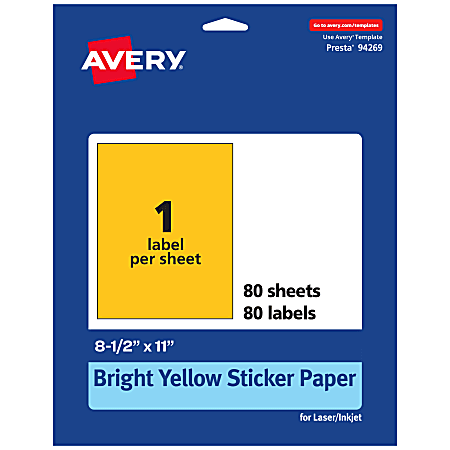 Avery® Printable Sticker Paper, 94269-BYP80, Rectangle, 8-1/2" x 11", Matte Bright Yellow, Pack of 80