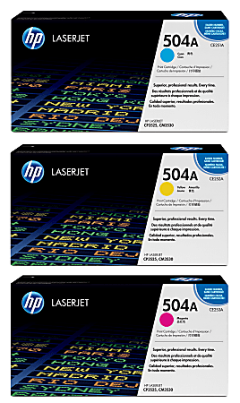 HP 504A Cyan, Magenta, Yellow Toner Cartridges Combo, Pack Of 3, CE251A,CE252A,CE253A