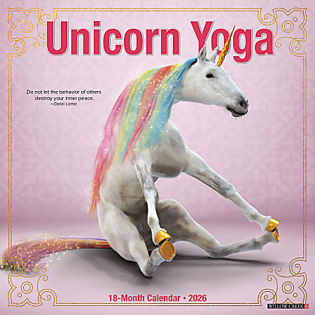 2026 Willow Creek Press Animals Monthly Wall Calendar, 12" x 12", Unicorn Yoga, January To December, 53058