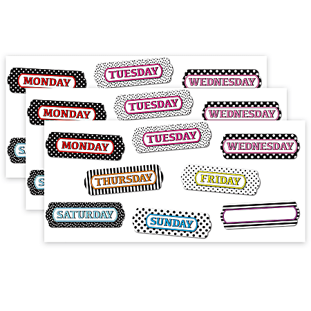 Ashley Productions Magnetic Die-Cut Timesavers & Labels, Days Of The Week, Black And White Assorted Patterns, 8 Pieces Per Pack, Set Of 3 Packs