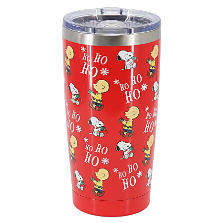 Peanuts Ho Ho Ho Stainless Steel Travel Tumbler With Clear Lid, 20 Oz, Jolly Red