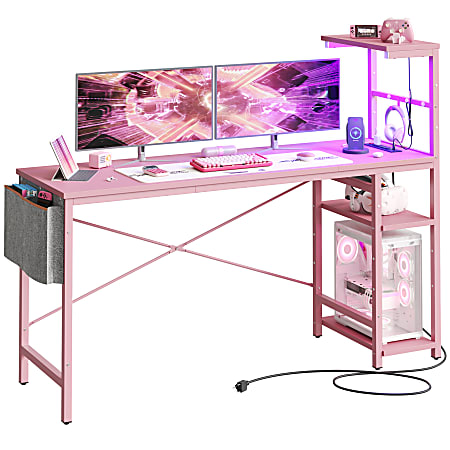 Bestier LED Gaming Computer Desk With Power Outlets, Shelves, Hook & Side Bag, 61"W, Pink