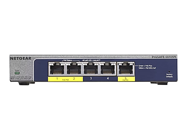 NETGEAR Plus GS105PE - Switch - managed - 2 x 10/100/1000 (PoE+) + 3 x 10/100/1000 - desktop - PoE+ (19 W)