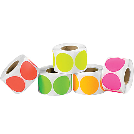 Tape Logic® Inventory Circle Labels, DL1237, 3", Assorted Fluorescent Colors, Case Of 5,000