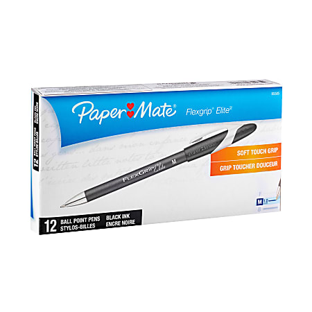 Paper Mate® FlexGrip Elite™ Ballpoint Stick Pens, Medium Point, 1.0 mm, Black Barrel, Black Ink, Pack Of 12