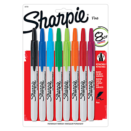 Sharpie® Retractable Permanent Markers, Fine Point, Assorted Colors, Pack Of 8 Markers