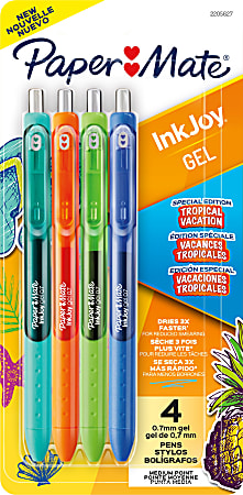 Paper Mate InkJoy Gel Pens, Medium Point, 0.7 mm, Assorted Tropical Vacation Colors, Pack Of 4 Pens