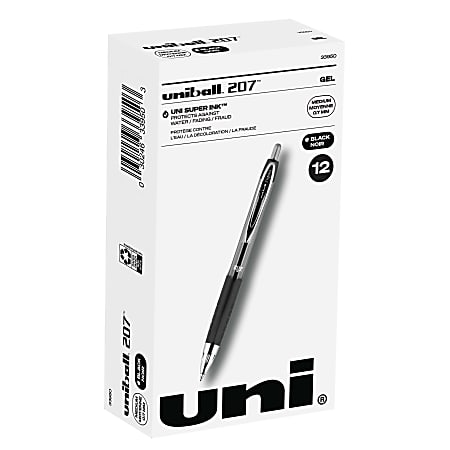 uni-ball® 207™ Retractable Fraud Prevention Gel Pens, Medium Point, 0.7 mm, Black Barrels, Black Ink, Pack Of 12 Pens
