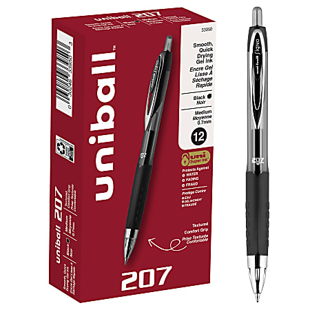 uni ball 207 Retractable Fraud Prevention Gel Pens Medium Point 0.7 mm  Black Barrels Black Ink Pack Of 12 Pens - Office Depot