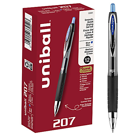 uni-ball® 207™ Retractable Fraud Prevention Gel Pens, Medium Point, 0.7 mm, Black Barrels, Blue Ink, Pack Of 12