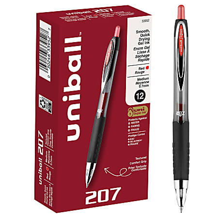 uni-ball® 207™ Retractable Fraud Prevention Gel Pens, Medium Point, 0.7 mm, Black Barrels, Red Ink, Pack Of 12