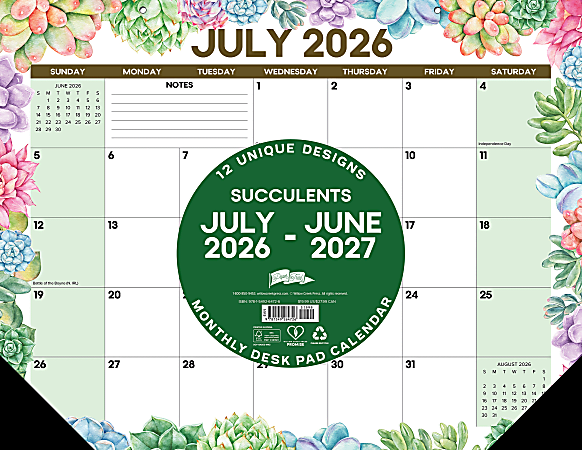 2026-2027 Willow Creek Press Academic Monthly Desk Pad Calendar, 17" x 22", Succulents, July To June, Total Qty 1