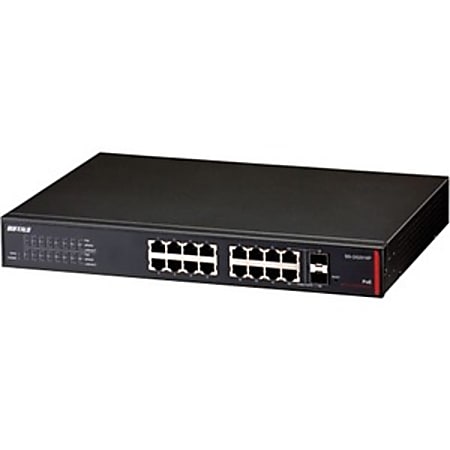 BUFFALO 16-Port Desktop/Rackmount Gigabit Green Ethernet High Power PoE Smart Switch (BS-GS2016P) - 16 x RJ-45 - Manageable - 10/100/1000Base-T, 1000Base-X - 2 x SFP Expansion Slots - 16 x 802.3af PoE - Metal Chassis - Lifetime Warranty*