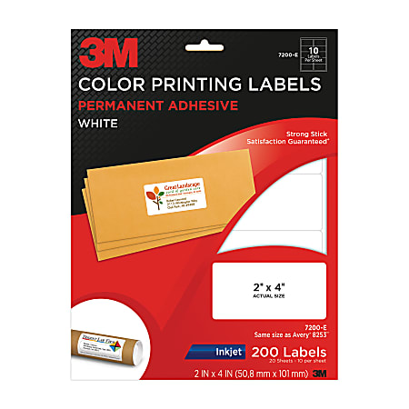 3M™ White Inkjet Shipping Labels For Color Printing, 2" x 4", Pack Of 200