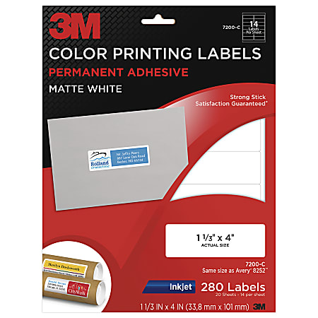 3M™ White Inkjet Shipping Labels For Color Printing, 1 1/3" x 4", Pack Of 280