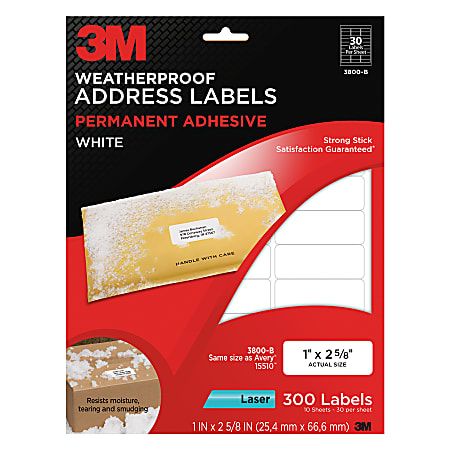 3M™ White Weatherproof Laser Address Labels, 3800-B, 1" x 2 5/8", Pack Of 300