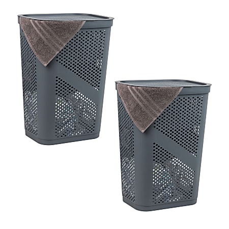 Mind Reader 60L Slim Laundry Hamper Clothes Basket Ventilated with Lid, 23-1/2"H x 13-3/4"W x 17-1/4"L, Gray, Set of 2