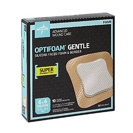 Medline Optifoam® Gentle Silicone-Faced Foam & Border Dressings, 6" x 6", Natural, Box Of 10