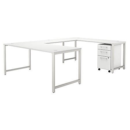 Bush Business Furniture 400 Series 72"W U-Shaped Desk With 3-Drawer Mobile File Cabinet, White, Premium Installation