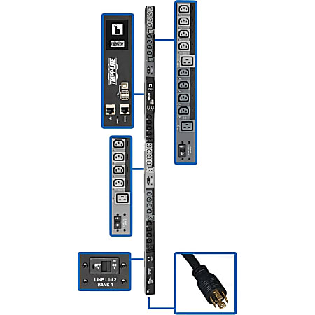 Tripp Lite 10kW 3-Phase Switched PDU, LX Interface, 200/208/240V Outlets (24 C13/6 C19), LCD, NEMA L15-30P, 1.8m/6 ft. Cord, 0U 1.8m/70 in. Height, TAA - Power distribution unit (rack-mountable) - 24 A