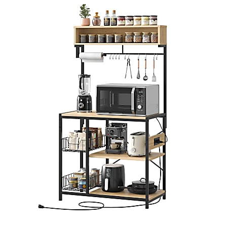 Bestier Bakers Rack With Power Outlets And Storage Shelf, 5-Tier, 65”H x 33”W x 16”D, Oak