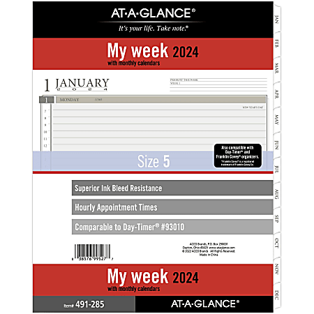 AT-A-GLANCE® Weekly Loose-Leaf Planner Refill Pages, 8-1/2" x 11", January to December 2024, 491-285