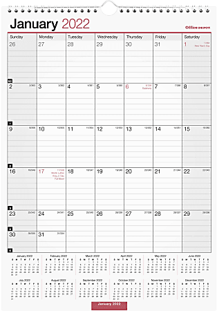 Office Depot® Brand Monthly Wall Calendar, 12" x 17", White, January To December 2022, OD301628