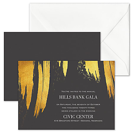 Custom Shaped Event Invitations With Envelopes, Golden Brushstrokes, 7" x 5", Box Of 25 Invitations